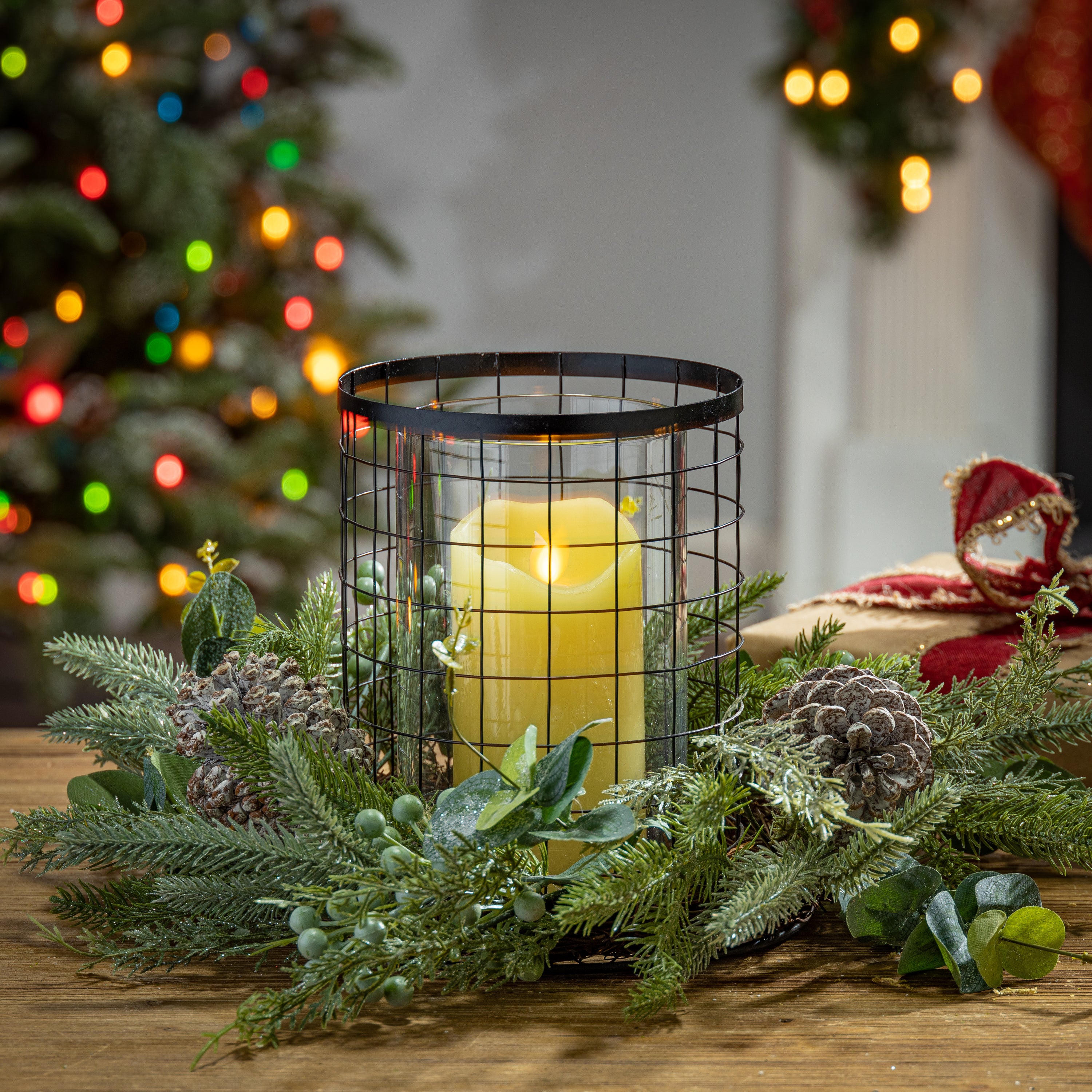 17-in L Holiday Centerpiece with Metal & Glass Candle Holder